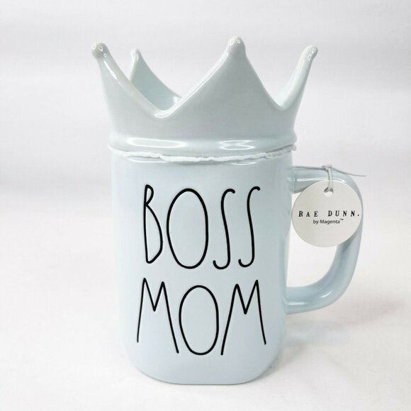 Rae Dunn Boss Mom Mug With Crown Topper Blue New - Picture 1 of 5